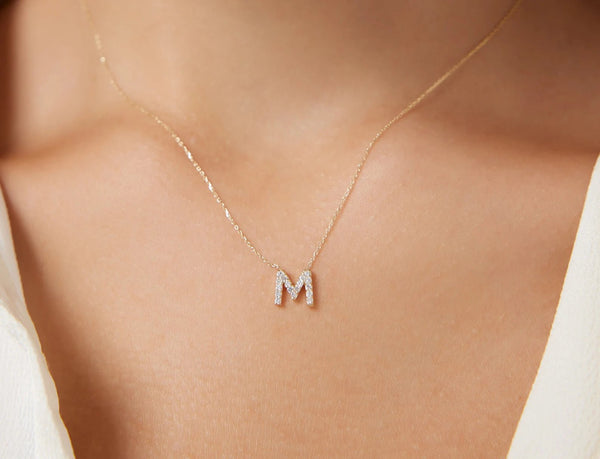 14K Yellow Gold Diamond Initial Necklace, Letter M Necklace