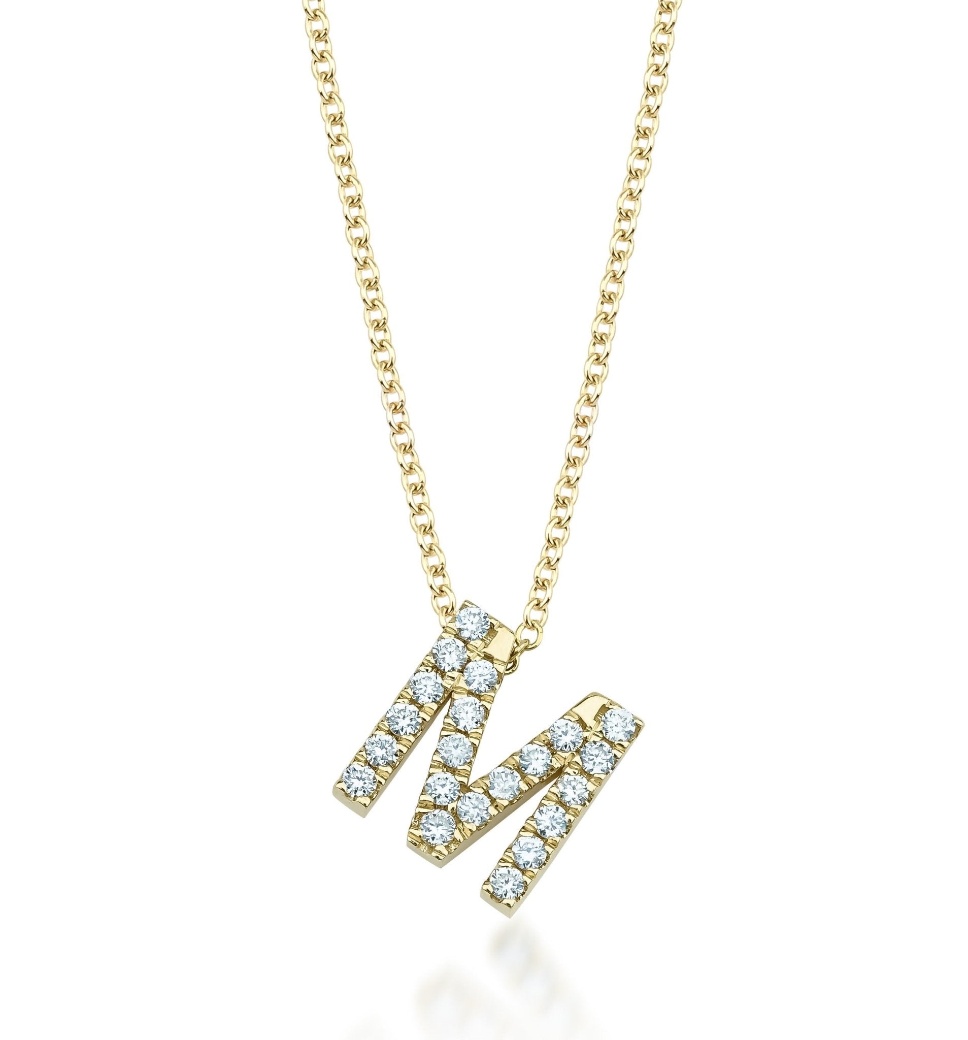 14K solid yellow gold diamond initial necklace with letter M, featuring sparkling diamonds in a delicate design.