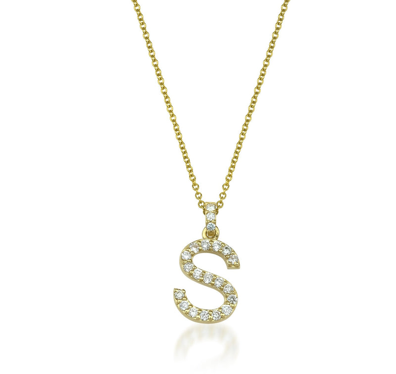 14K Yellow Gold Diamond Initial Necklace, Letter S Necklace