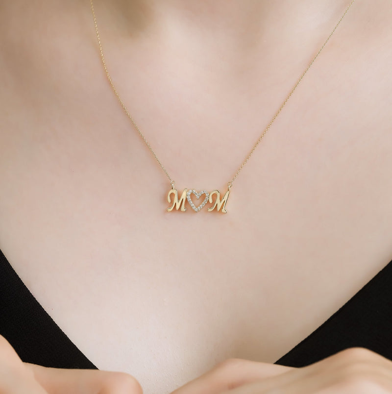 14K Yellow Gold Diamond Mom Necklace, Mama Necklace, Mother's Day Gift