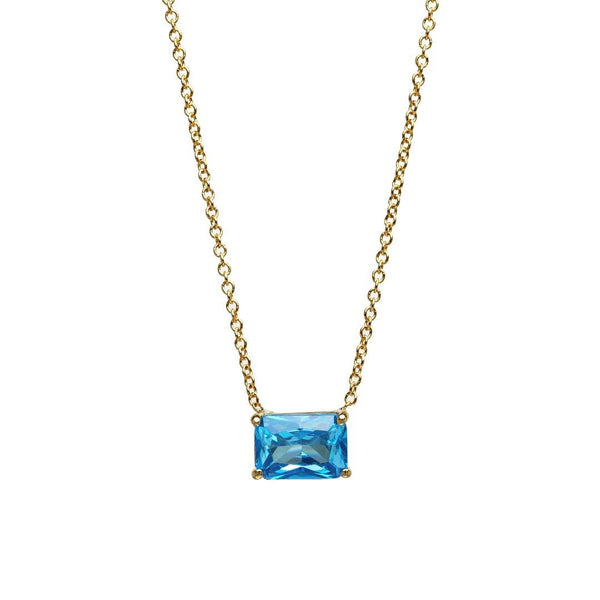 14K Yellow Gold Emerald Cut Blue Aquamarine Solitaire Necklace