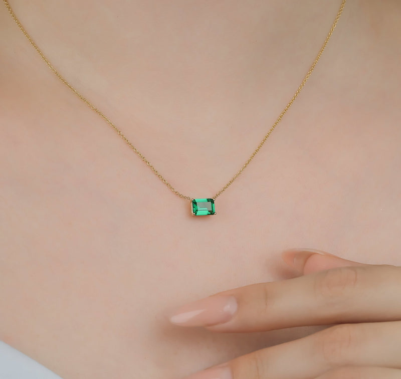 14K Yellow Gold Emerald Cut Emerald Solitaire Necklace