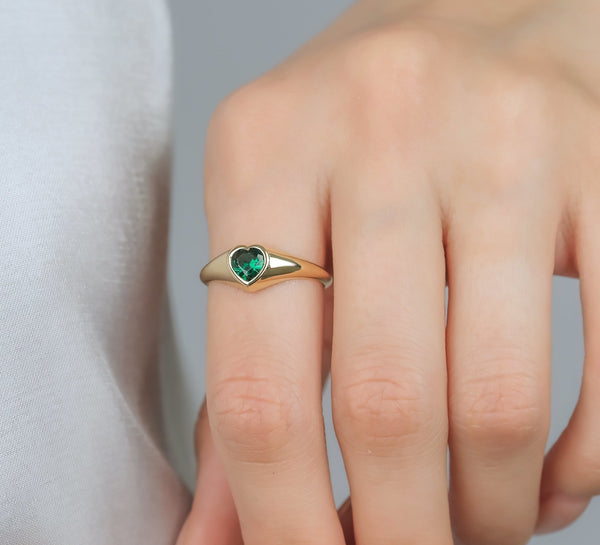 14K Yellow Gold Emerald Rings, Womens Signet Ring