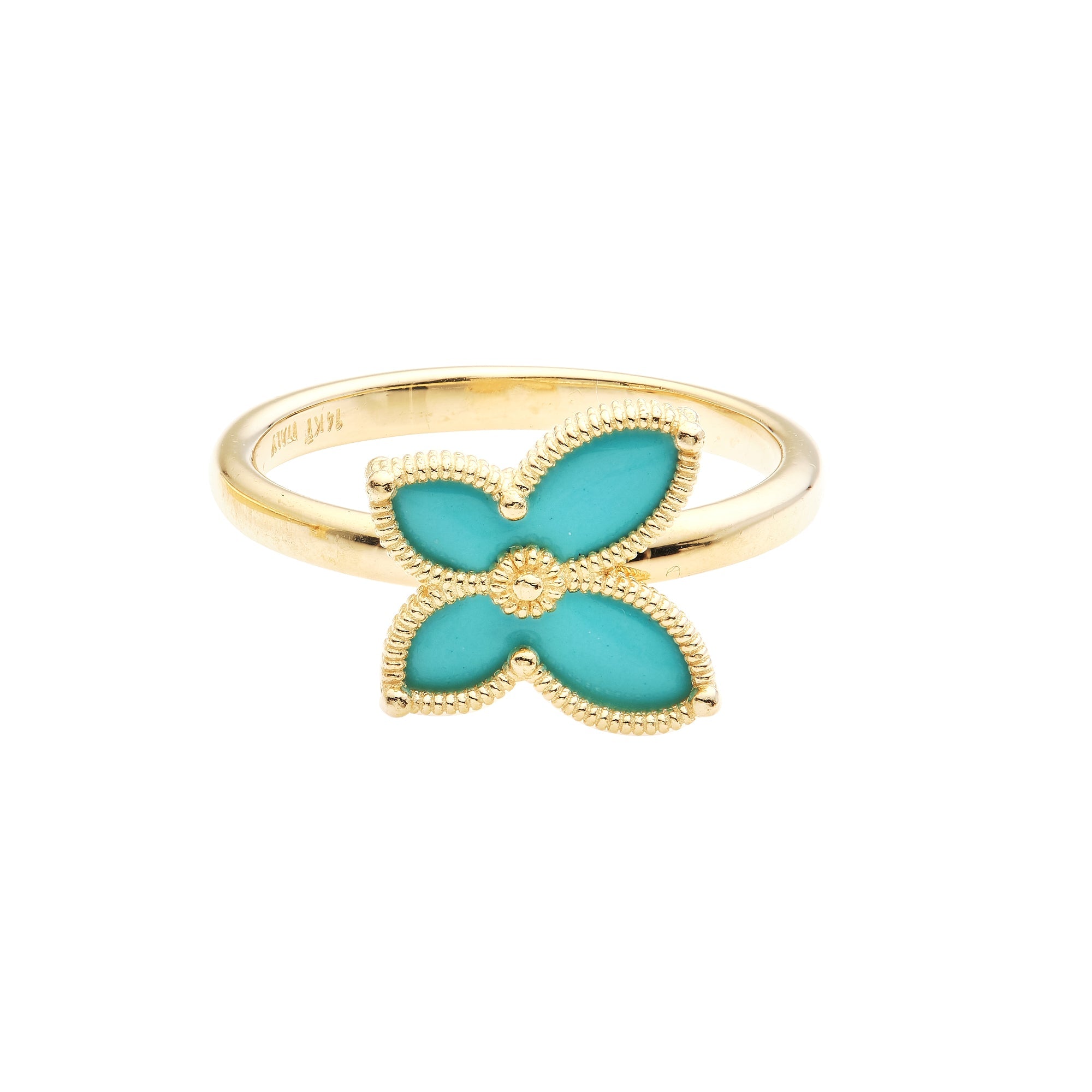 14K yellow gold butterfly ring with turquoise enamel, elegant design for everyday wear, available in sizes 4 to 6.25.