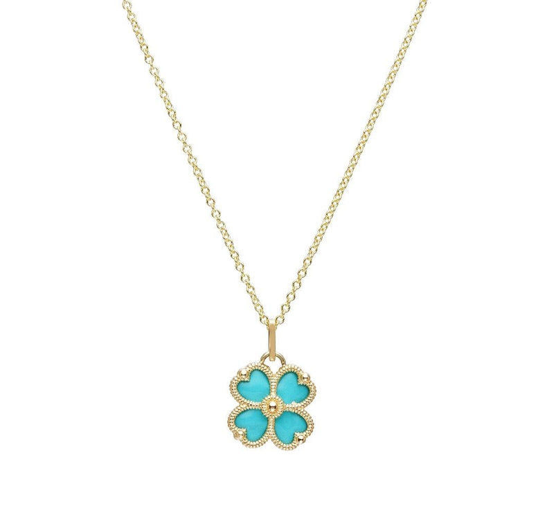 14K Yellow Gold Enamel Turquoise Four Leaf Clover Necklace