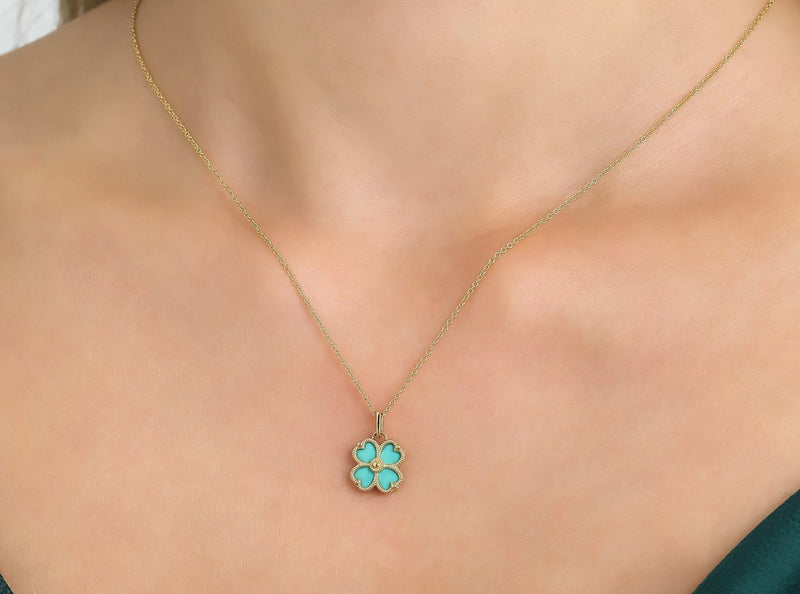 14K Yellow Gold Enamel Turquoise Four Leaf Clover Necklace