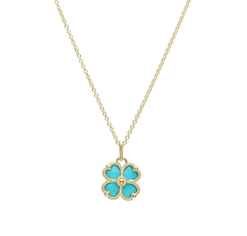 14K Yellow Gold Enamel Turquoise Four Leaf Clover Pendant or Necklace