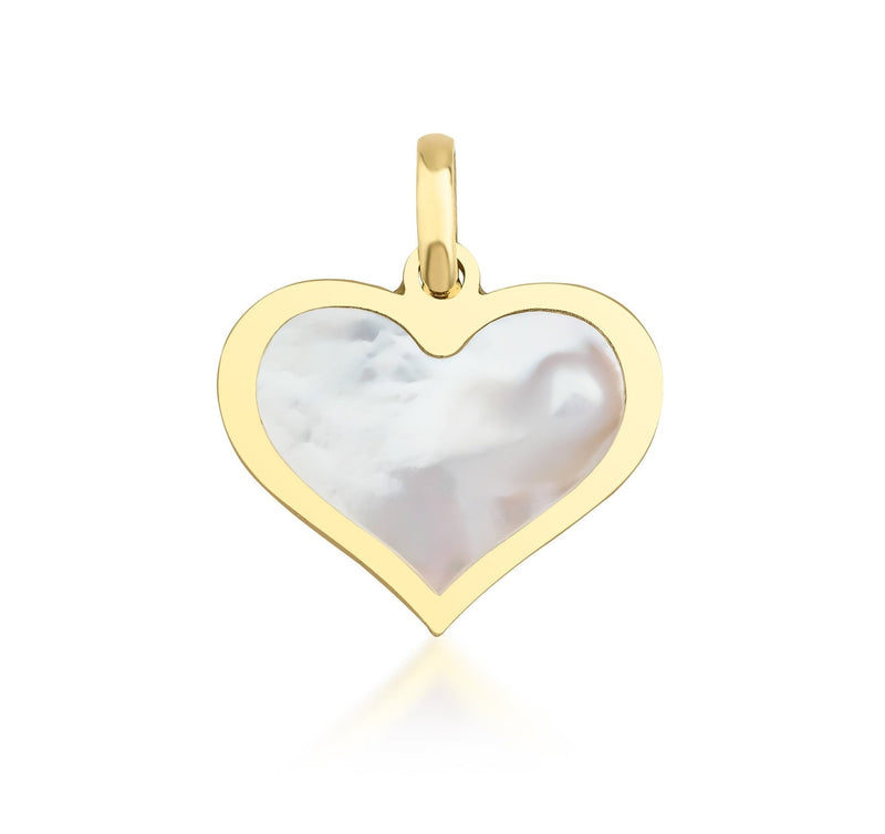 14K Yellow Gold Flat Mother of Pearl Heart Pendant or Necklace