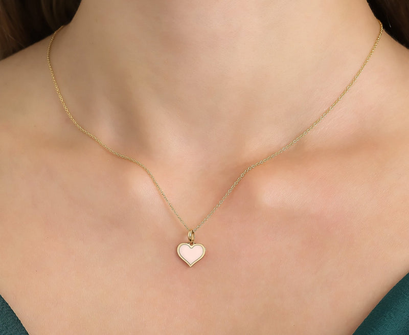 14K Yellow Gold Flat Pink Heart Necklace