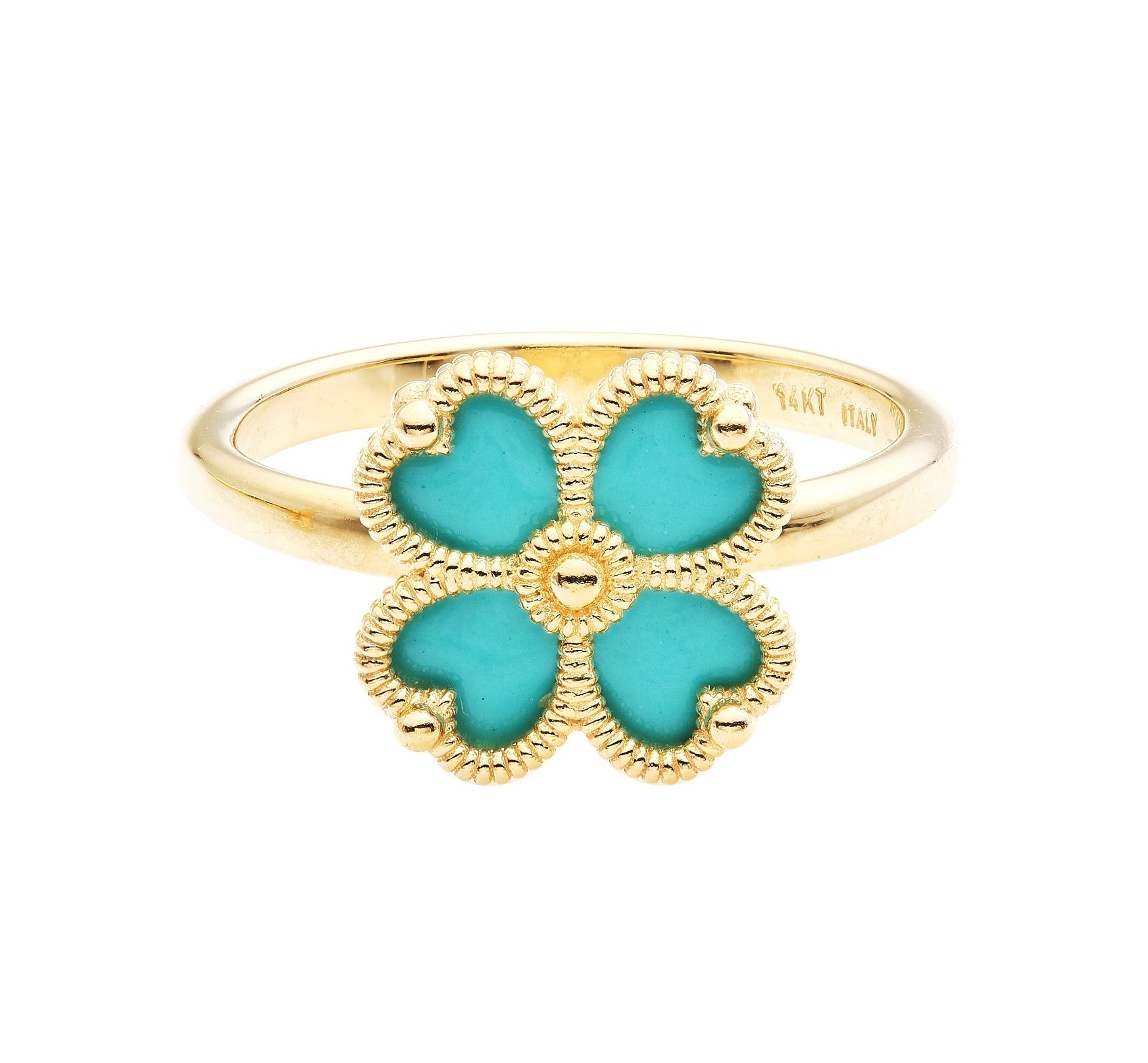14K yellow gold four leaf clover ring with turquoise enamel, elegant design, perfect for everyday wear.