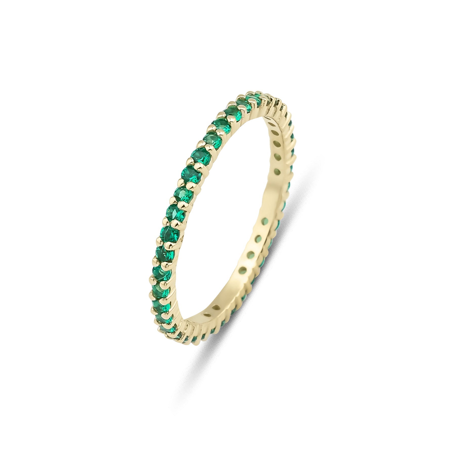 14K yellow gold full eternity emerald wedding ring with 39 sparkling emeralds, perfect for stacking or as a wedding band.