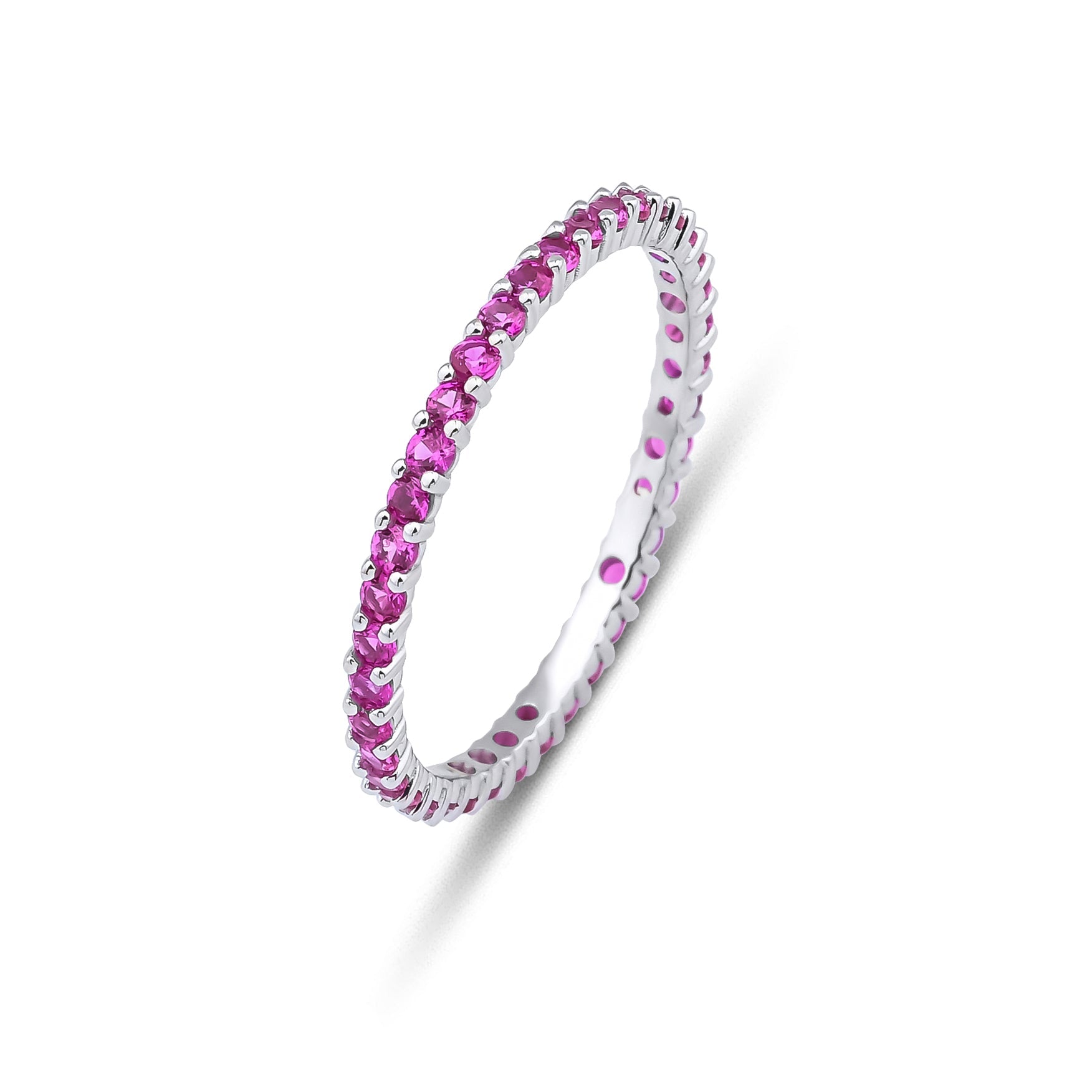 14K white gold full eternity ruby wedding band with 39 lab-created rubies, perfect for stacking or as a complement to engagement rings.