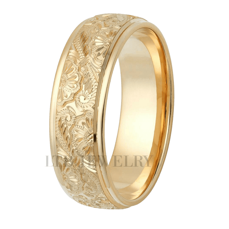 14K Yellow Gold Hand Engraved Mens Wedding Bands