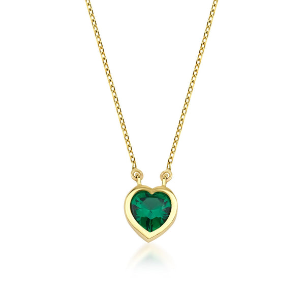 14K Yellow Gold Heart Shape Solitaire Emerald Necklace