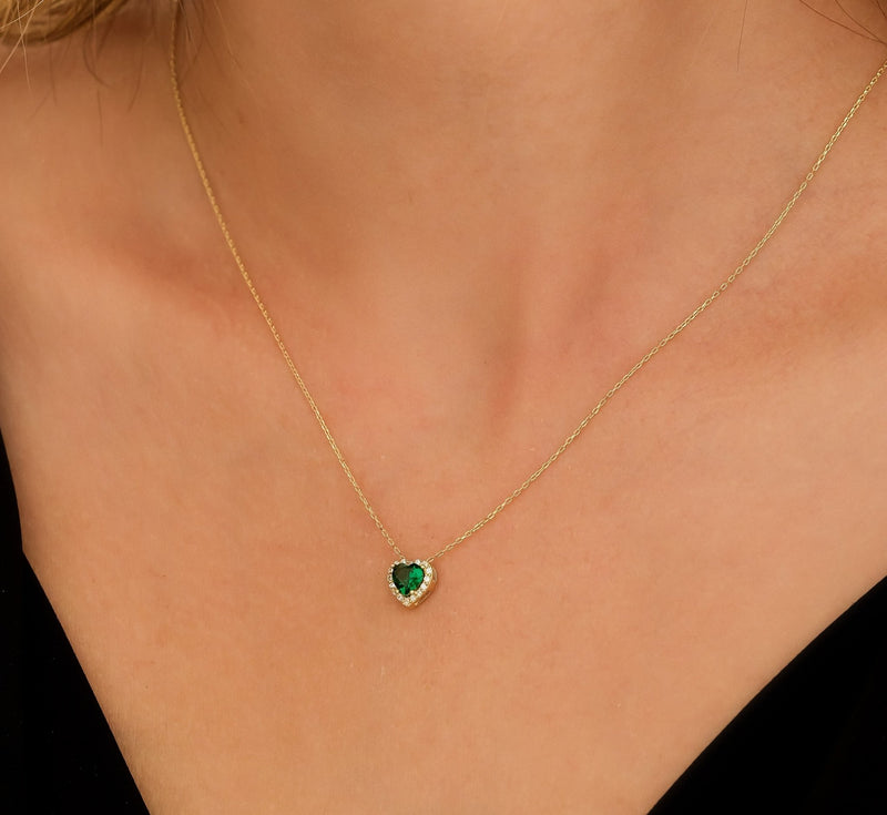 14K Yellow Gold Heart Shape Solitaire Emerald Necklace