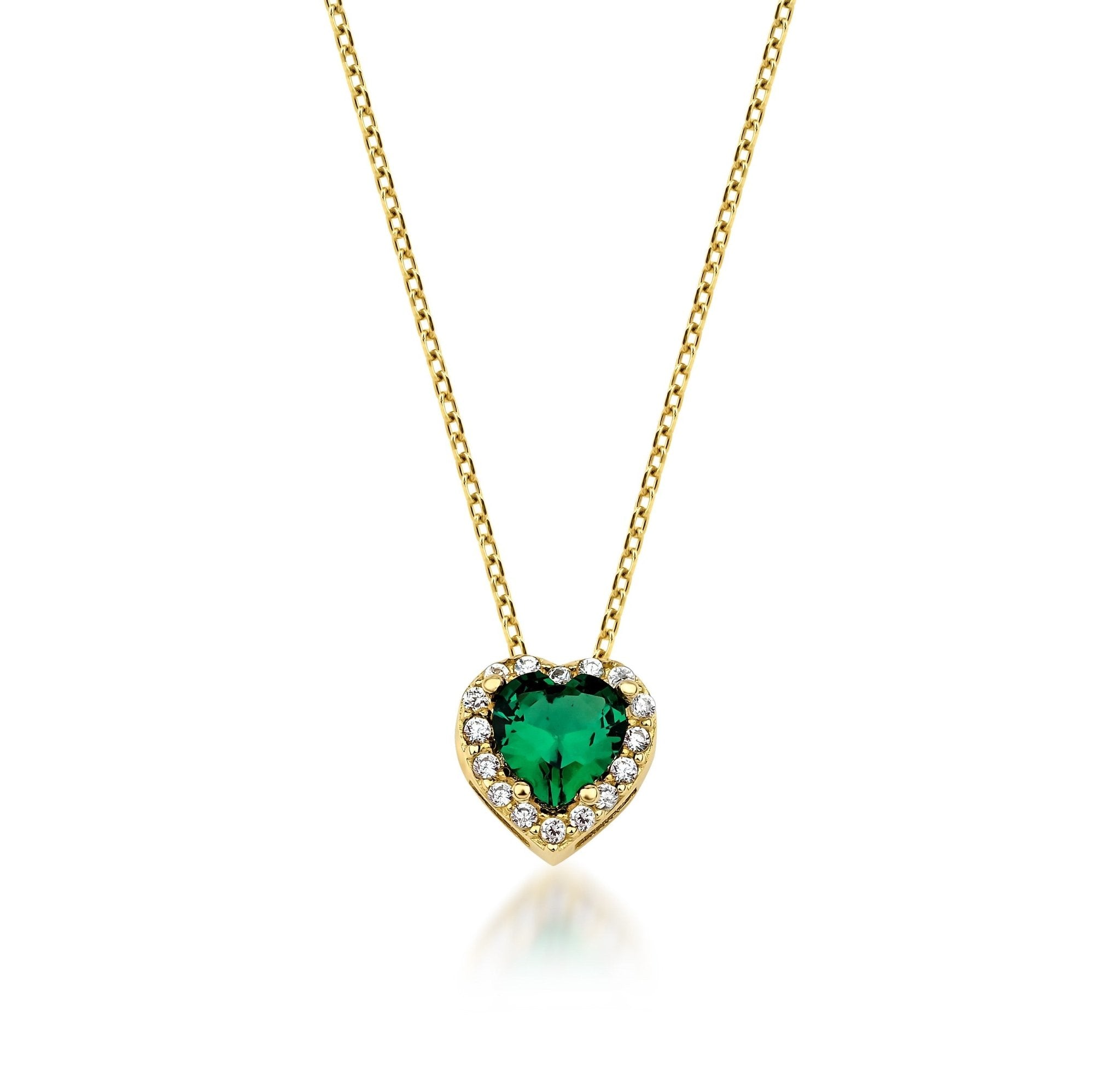 14K yellow gold heart-shaped emerald necklace with CZ stones, perfect for everyday elegance.