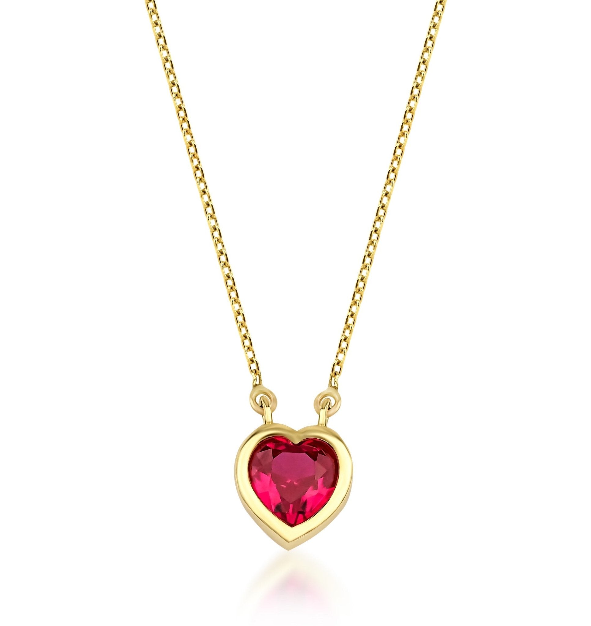 14K yellow gold heart shape ruby necklace with a lab-created ruby pendant, perfect for daily wear and special occasions.