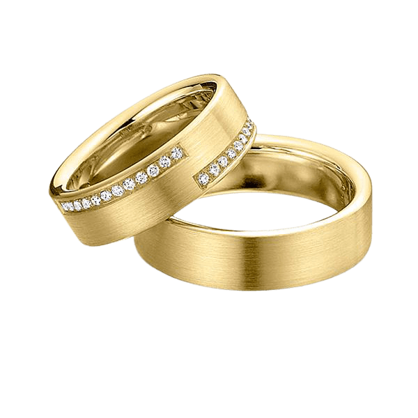 His and hers 5mm yellow gold wedding rings with satin finish and round cut diamonds.