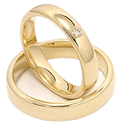 His and hers diamond wedding rings set in yellow gold with shiny finish and comfort fit, featuring a round cut diamond.