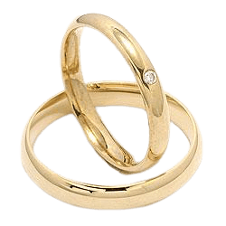 His and hers diamond wedding rings set in solid yellow gold with shiny finish and comfort fit, featuring a round cut diamond.