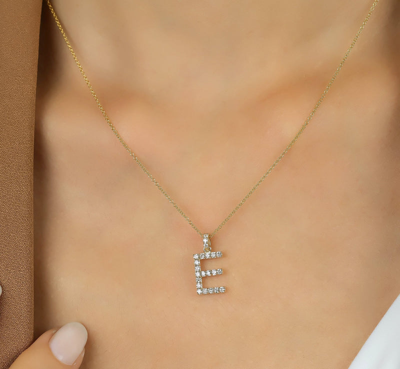 14K Yellow Gold Lab Grown Diamond Initial Necklace, Letter E Necklace