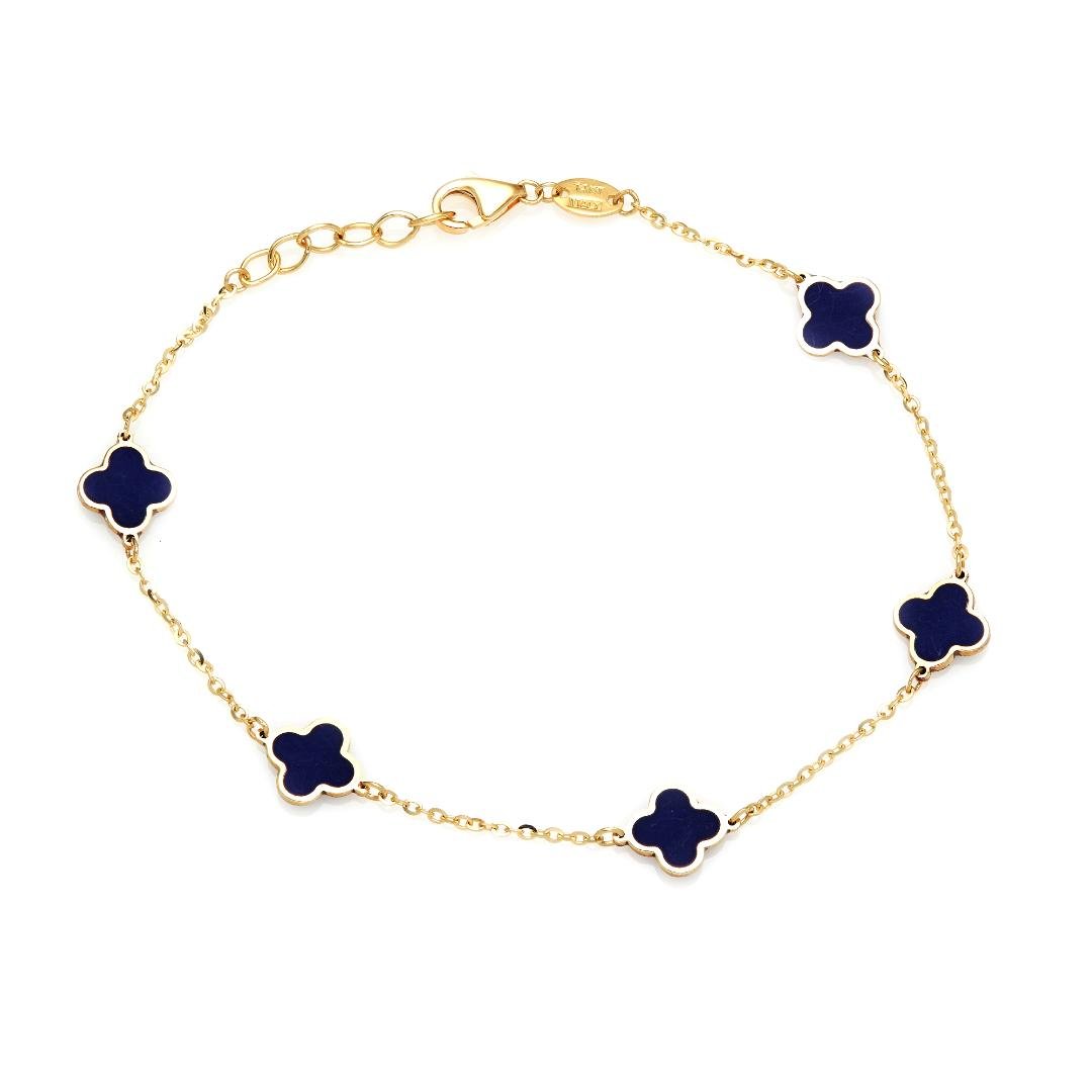 14K yellow gold lapis four leaf clover station bracelet, 7 inches long, elegant gift box ready, perfect for everyday wear.