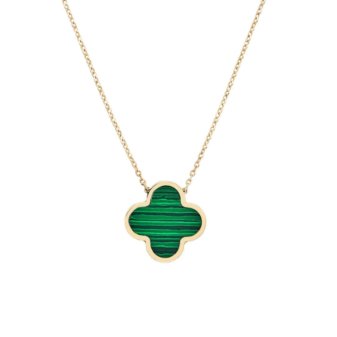 14K yellow gold large single malachite clover necklace on a delicate chain, perfect for everyday wear, 16-18 inches.