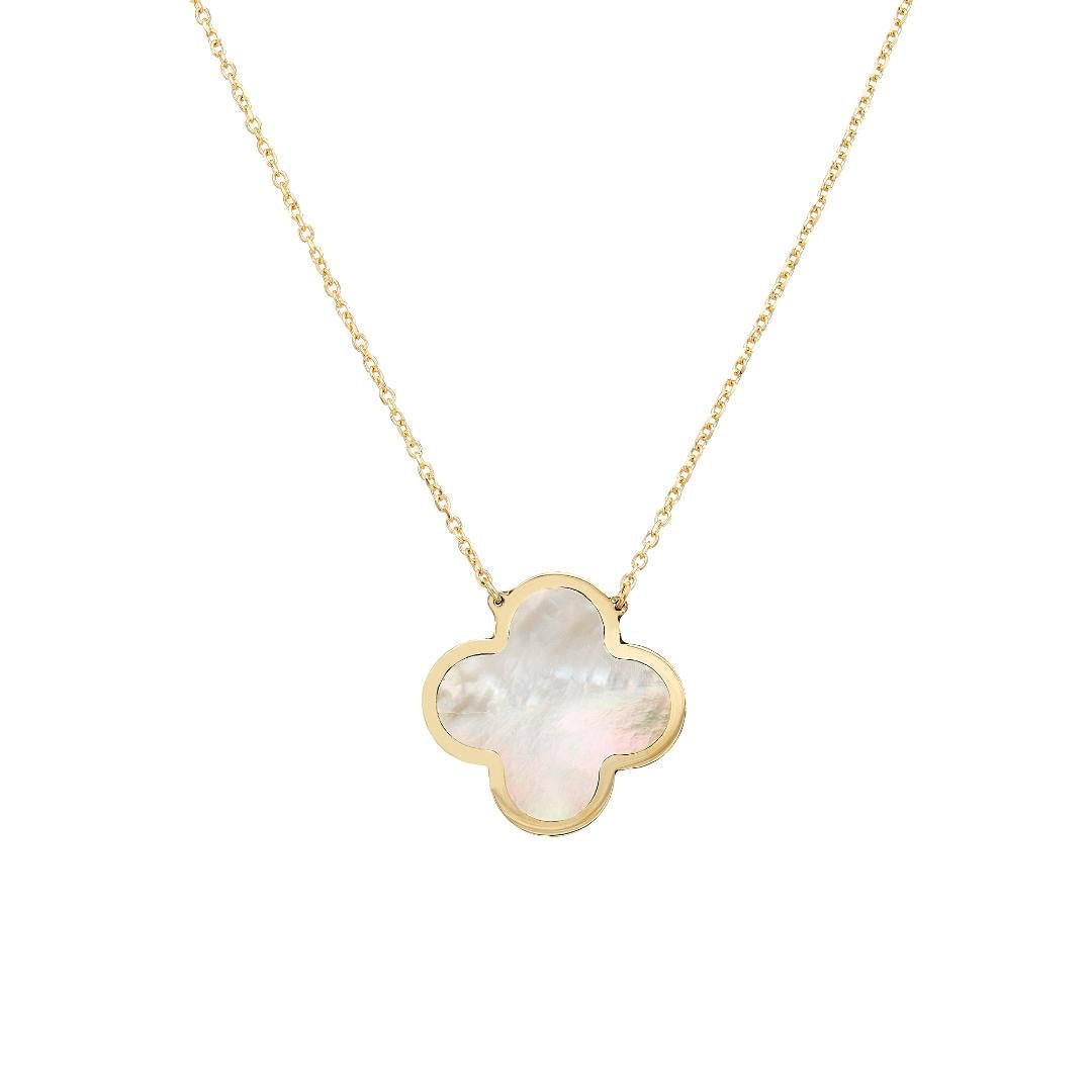 14K yellow gold large single mother of pearl clover necklace, dainty and elegant design, perfect for everyday wear.