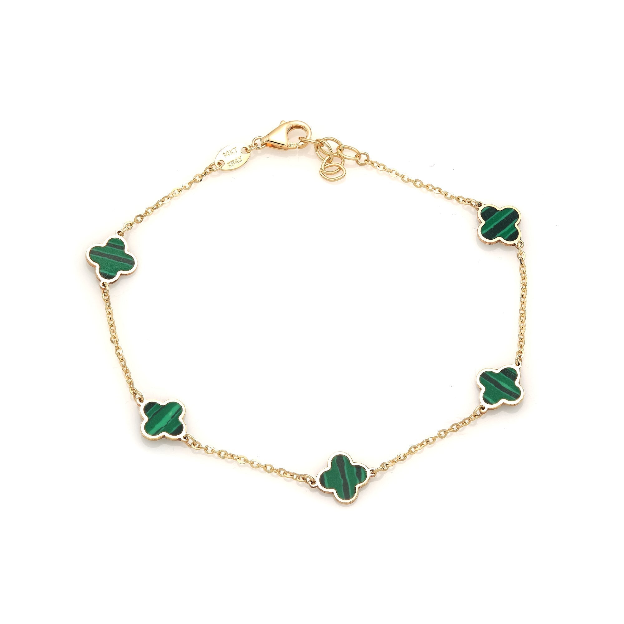 14K solid yellow gold malachite four leaf clover bracelet with lobster claw closure, 6.5 to 7 inches in length.