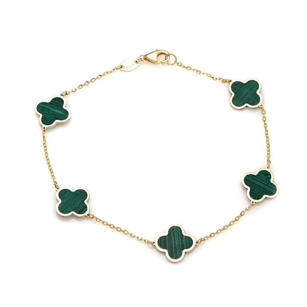 14K Yellow Gold Malachite Four Leaf Clover Bracelet