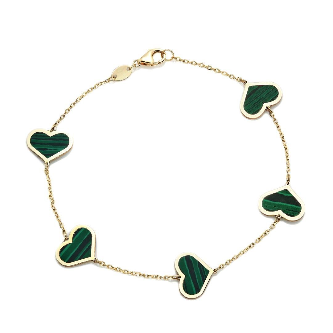 14K yellow gold malachite heart bracelet with five heart charms, measuring 7 inches, presented in a gift box.