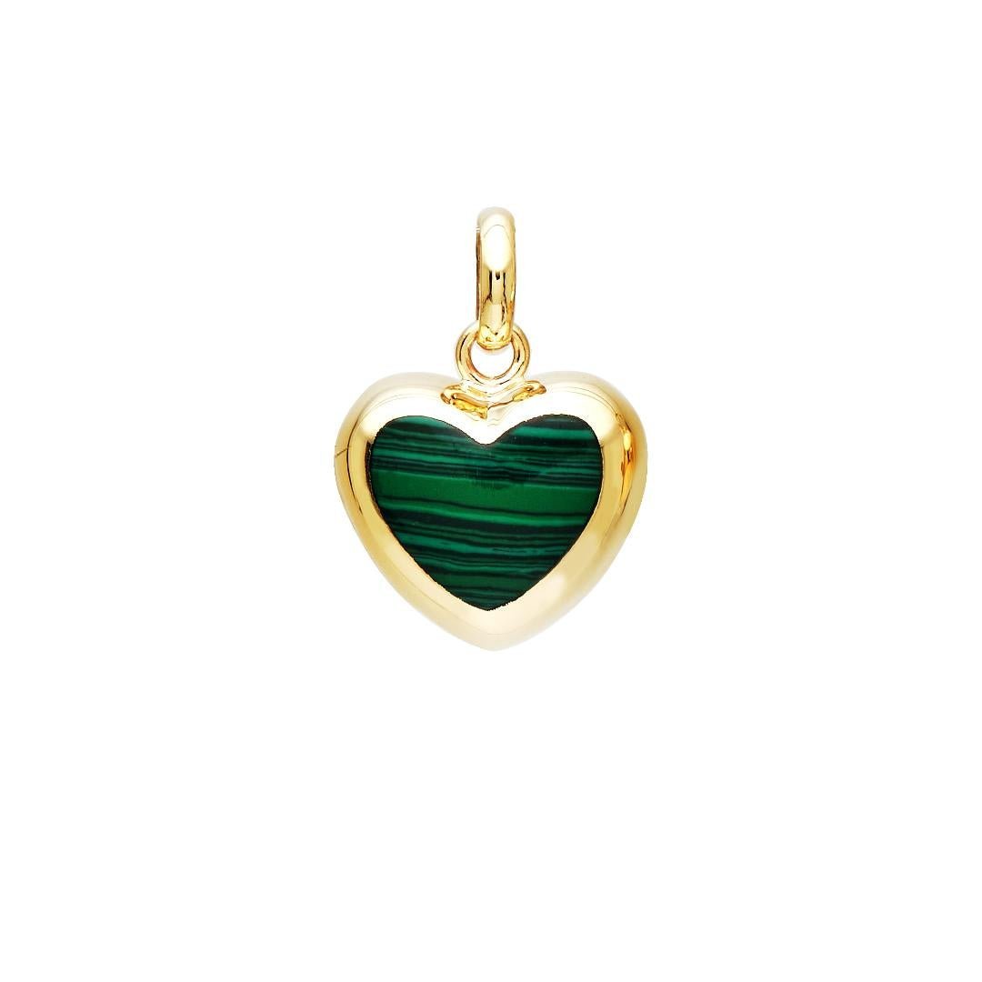 14K yellow gold malachite puffed heart pendant, stylish and dainty heart necklace for everyday wear.
