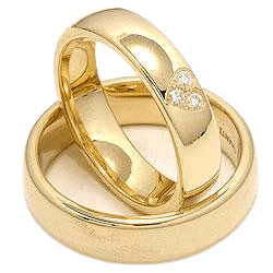 His and hers diamond wedding bands set in yellow gold, featuring shiny finishes and brilliant round-cut diamonds.