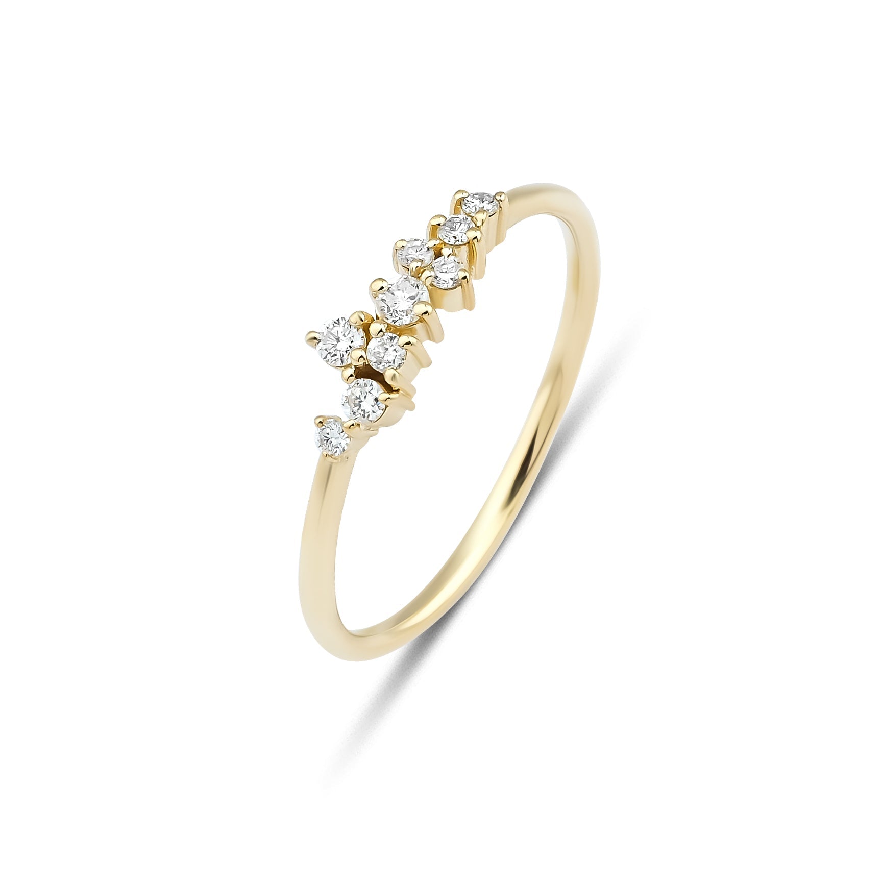 14K yellow gold minimalist diamond cluster ring with round diamonds, perfect for elegant everyday wear.