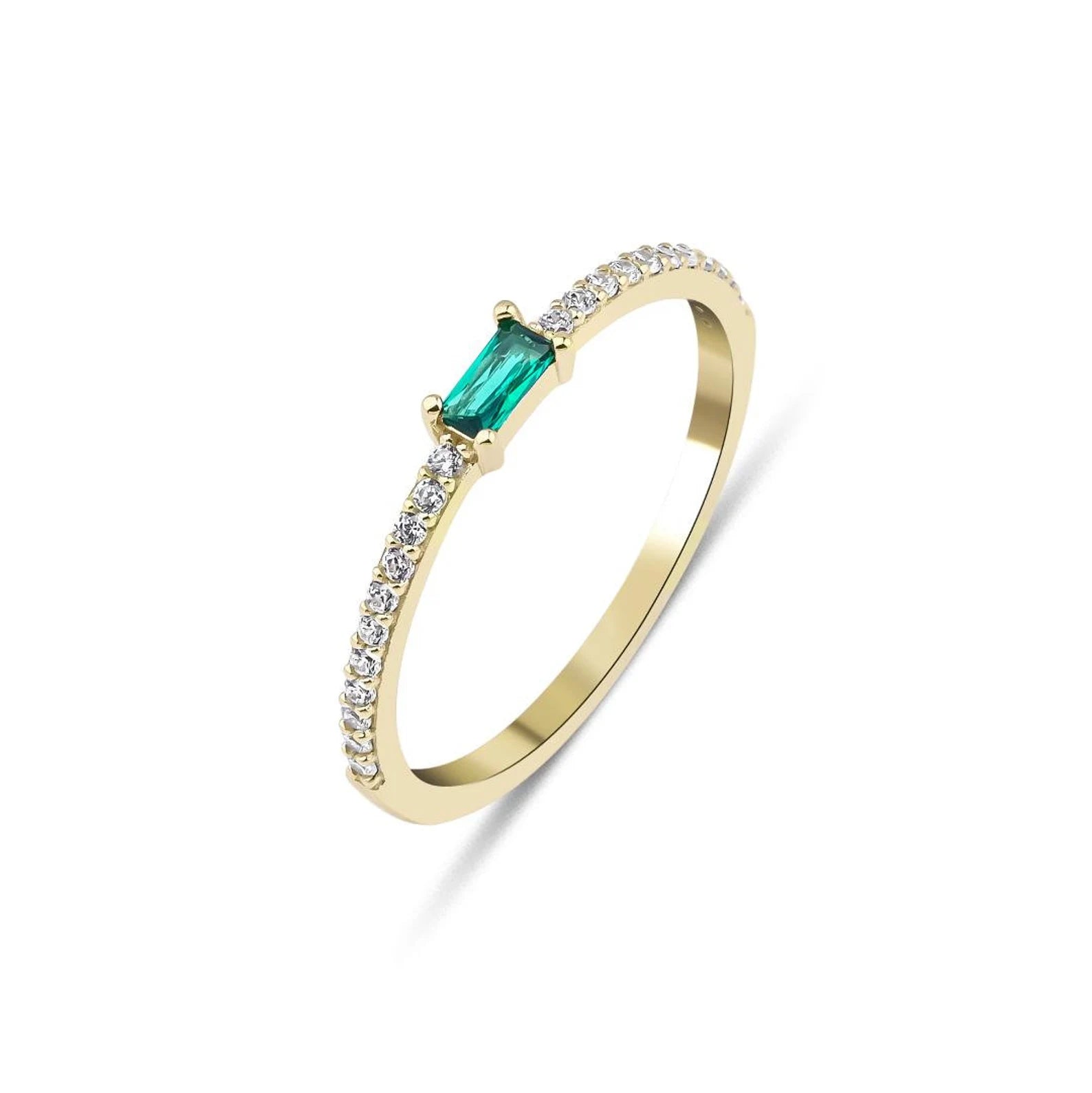 14K yellow gold minimalist emerald and diamond wedding ring with baguette emerald and CZ accents.
