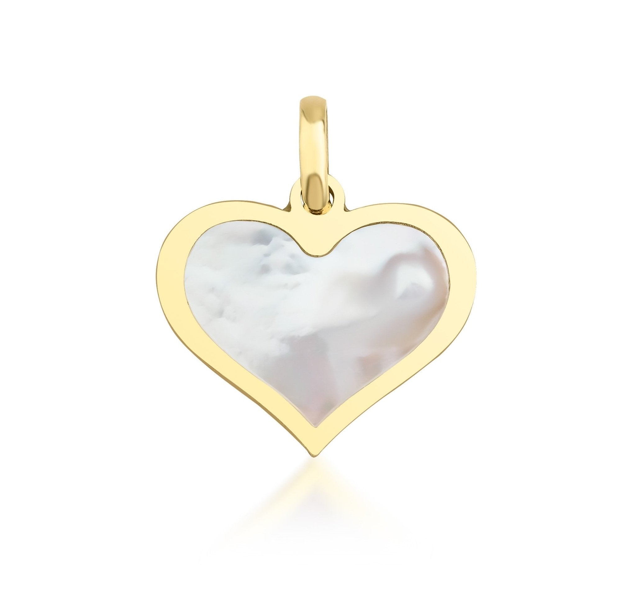 14K yellow gold minimalist heart pendant featuring natural mother of pearl, perfect for dainty everyday jewelry.
