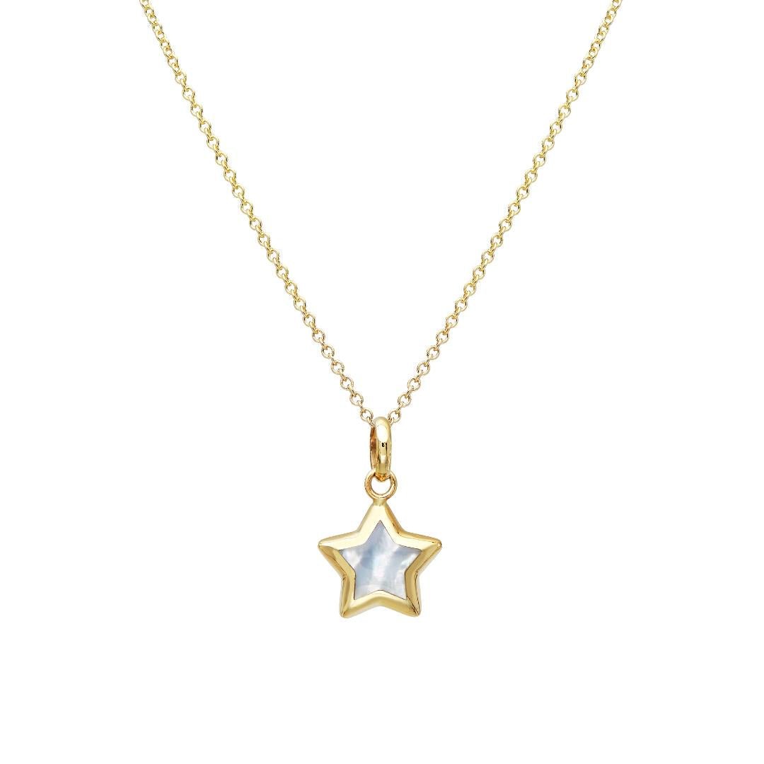14K yellow gold minimalist star necklace with natural mother of pearl pendant, dainty and elegant for everyday wear.