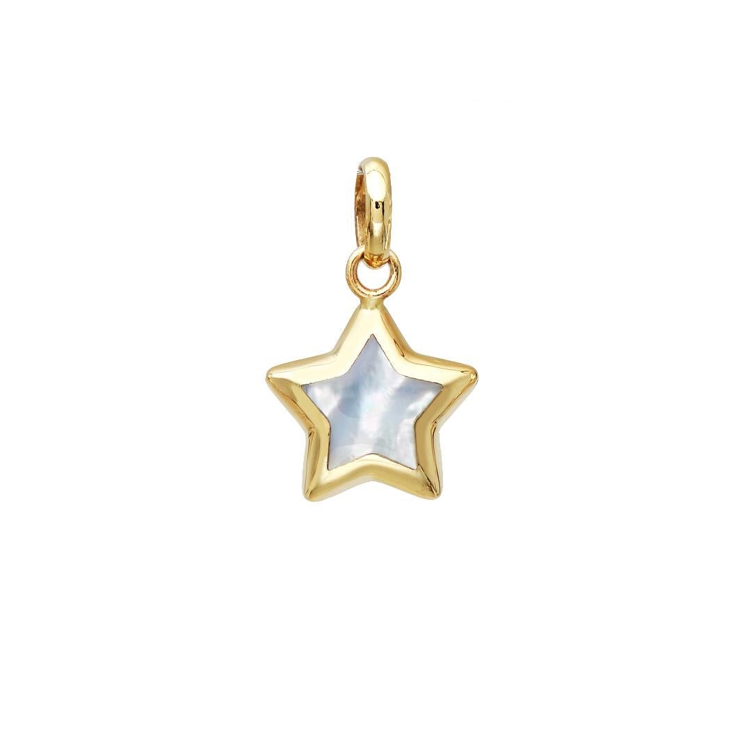 14K yellow gold minimalist star pendant with natural mother of pearl, perfect for everyday wear.