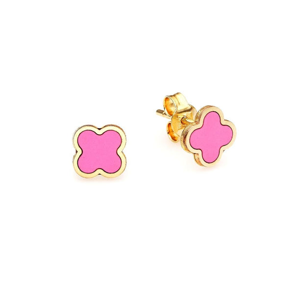 14K Yellow Gold Minimalist Pink Four Leaf Clover Earrings