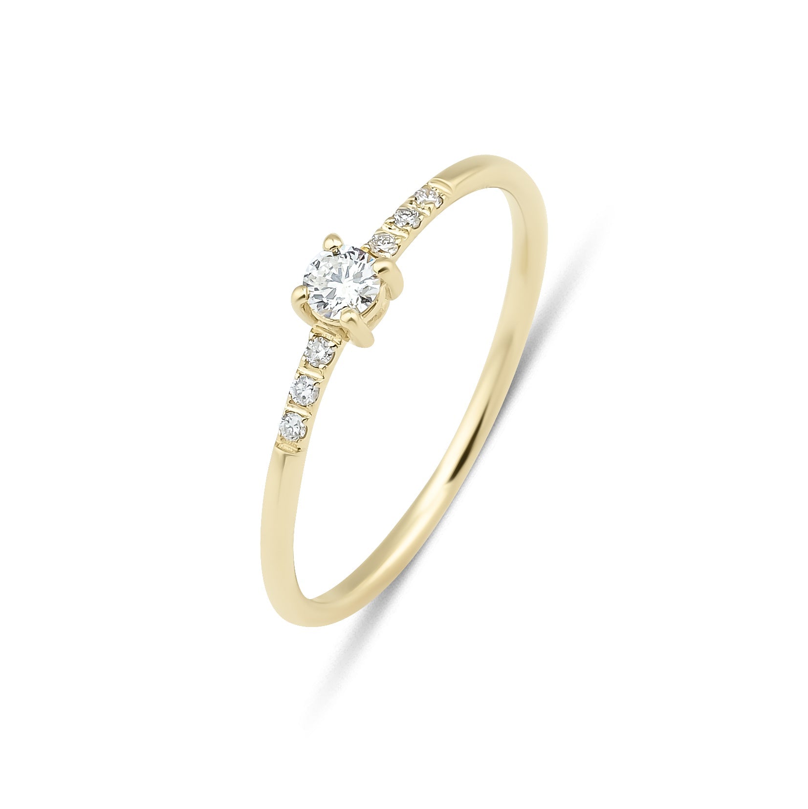 14K yellow gold minimalist solitaire diamond engagement ring with small side diamonds, delicate and classy design.