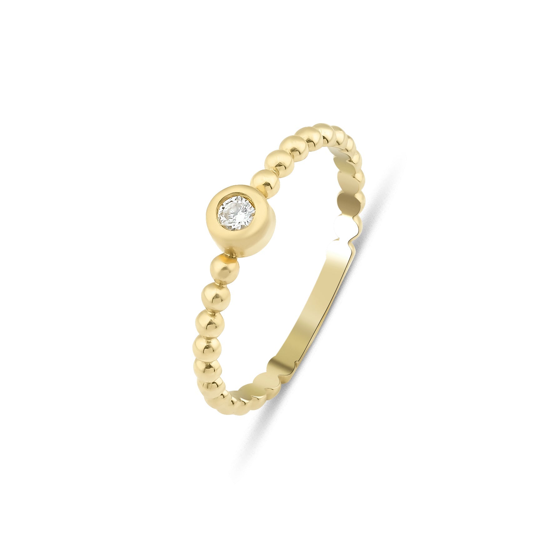 14K yellow gold minimalist solitaire diamond wedding ring with beaded design and sparkling center diamond.