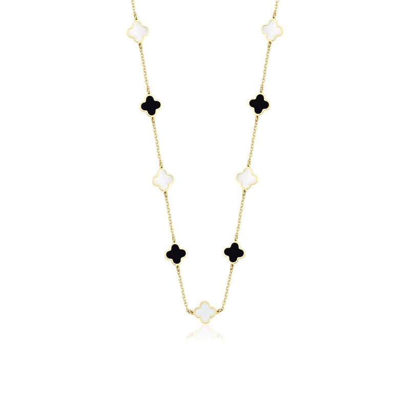 14K Yellow Gold Mother of Pearl and Onyx Four Leaf Clover Necklace