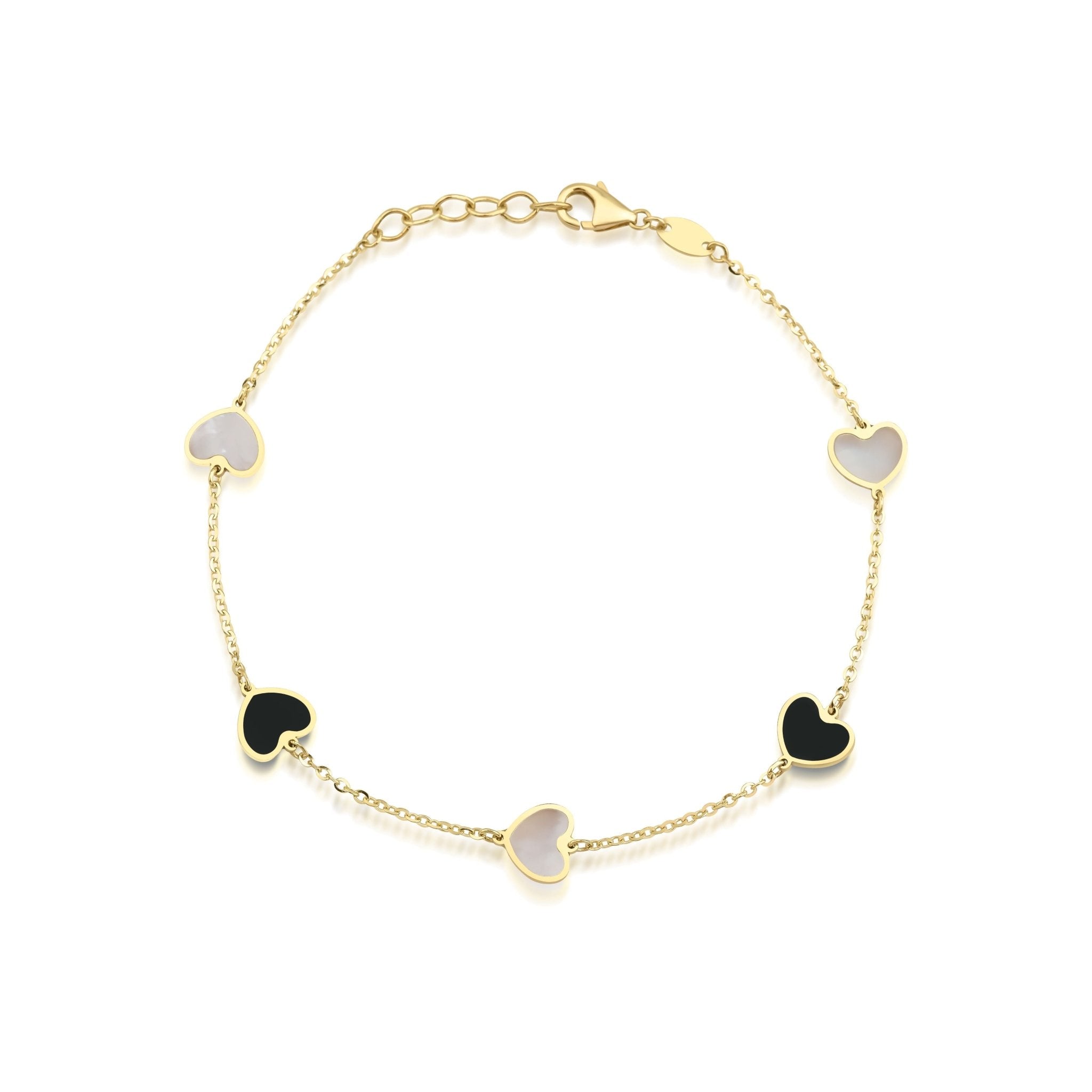 14K yellow gold bracelet featuring black and white heart motifs, measuring 6.5-7 inches. Perfect as a gift!
