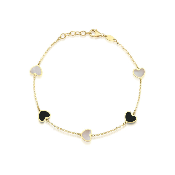 14K Yellow Gold Mother of Pearl and Onyx Heart Bracelet