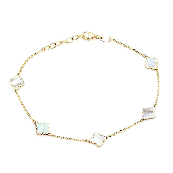 14K Yellow Gold Mother Of Pearl Four Leaf Clover Bracelet