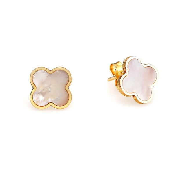 14K Yellow Gold Mother of Pearl Four Leaf Clover Earrings