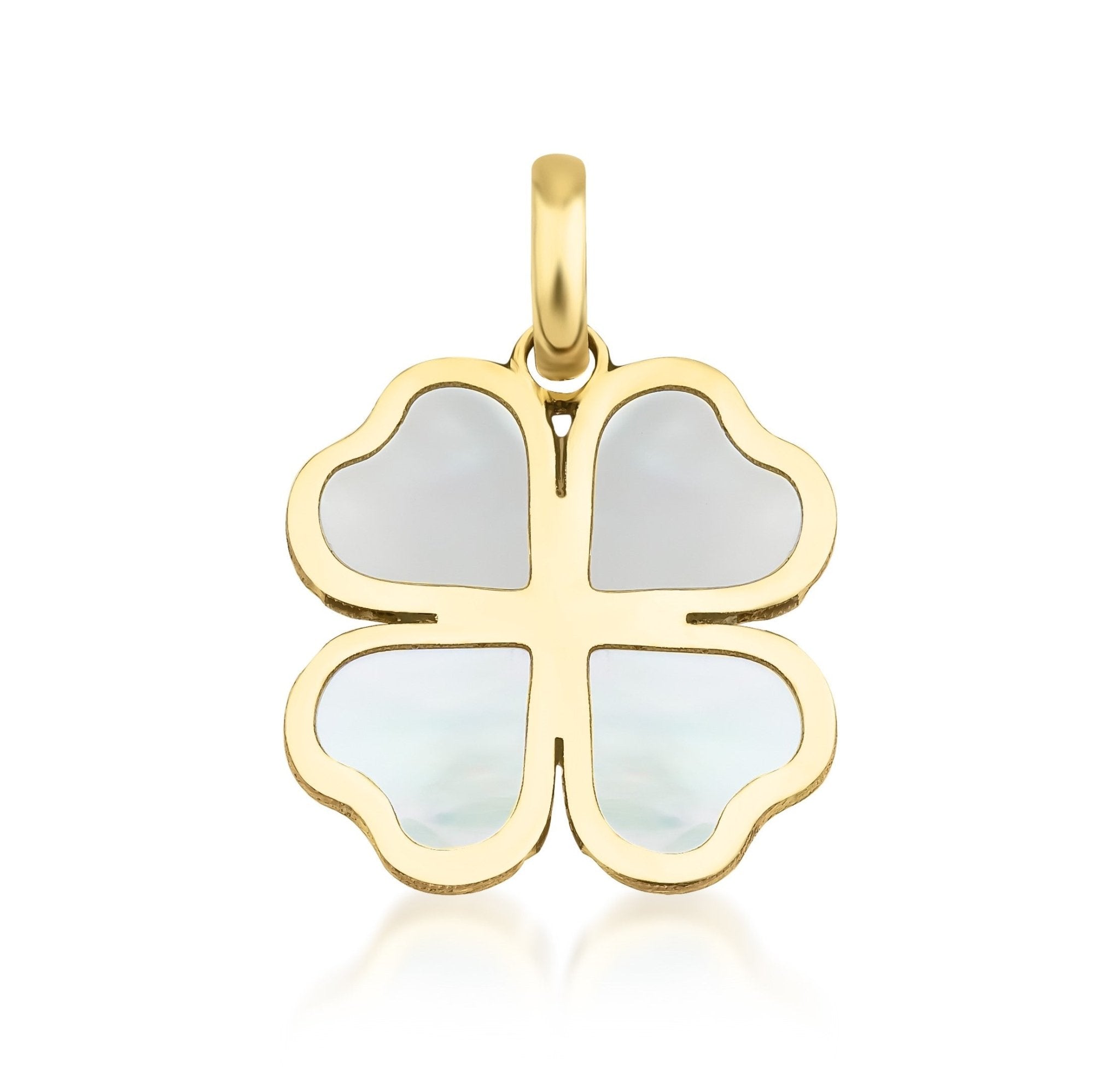 14K yellow gold four leaf clover pendant with natural mother of pearl, 12.50mm, elegant and perfect for everyday wear.