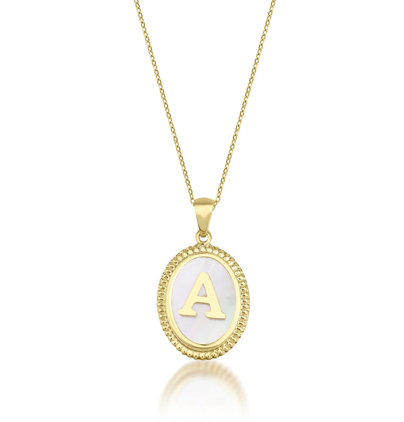 14K Yellow Gold Mother Of Pearl Initial Necklace, Letter A Necklace