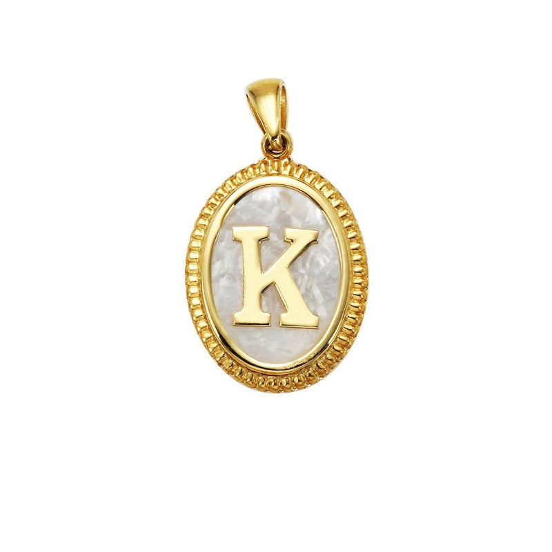 14K Yellow Gold Mother Of Pearl Initial Necklace, Letter K Necklace