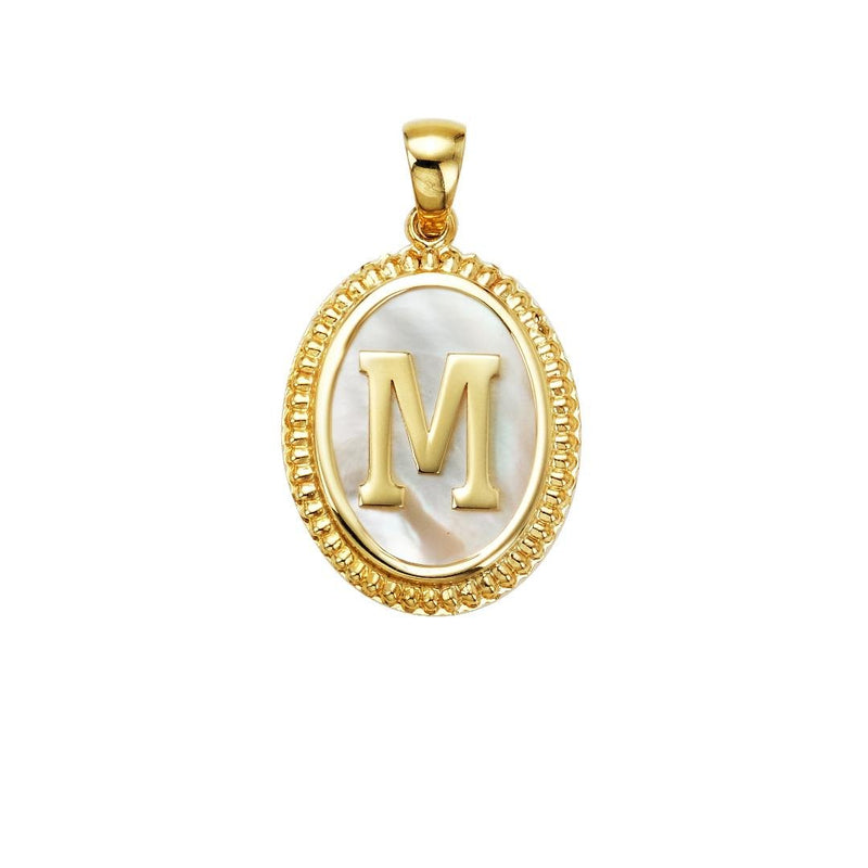 14K Yellow Gold Mother Of Pearl Initial Necklace, Letter M Necklace